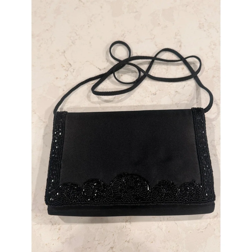 Vintage La Regale Black Satin Beaded Evening Clutch Crossbody‎ Bag Formal Glam